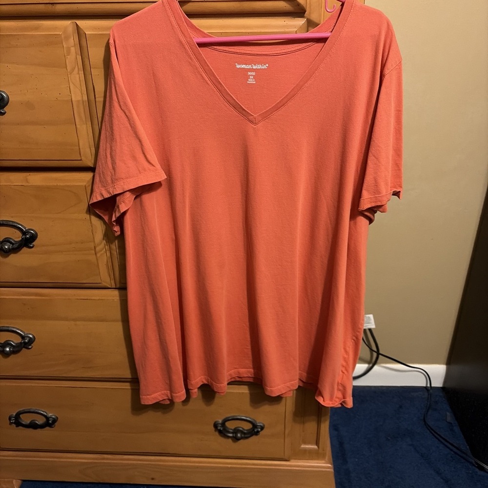 Woman Within Salmon/ Orange  V-Neck Short Sleeve T-Shirt Size 3X 30/32 PLUS SIZE